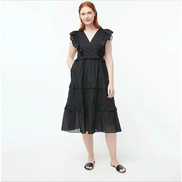 J. Crew Ruffle Sleeve Voile Dress Black Cotton V-Neck A-Line Plus Size XXL Women - Picture 1 of 9